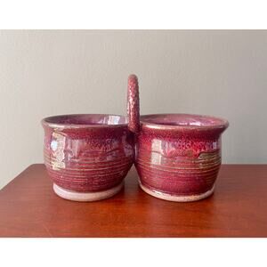 Studio Handmade Double Bowl Ceramic Serving Dish With Handle Red Purple